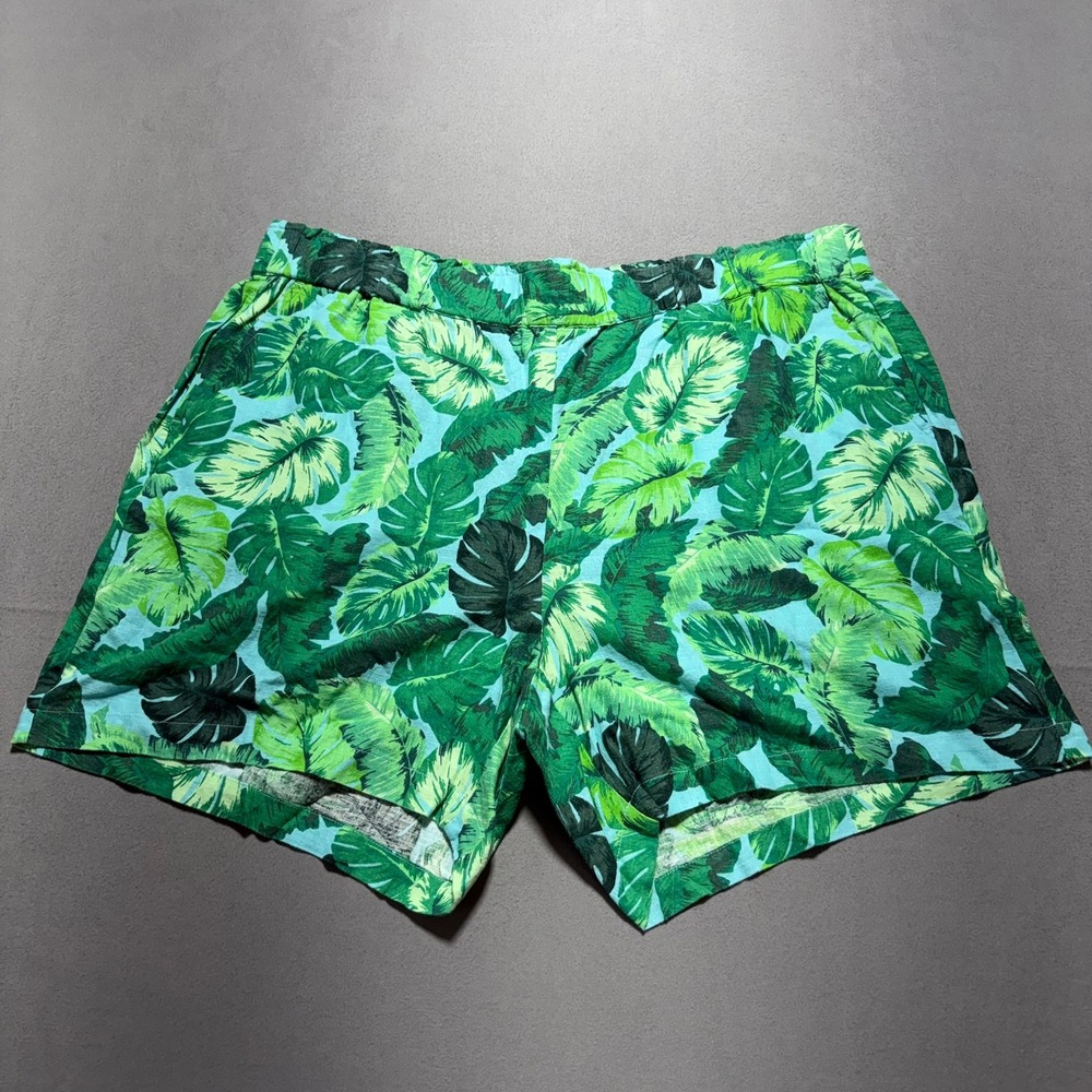 Talbots Plus Tropical Palm Leaf Print Linen Blend Shorts Green Turquoise 2X